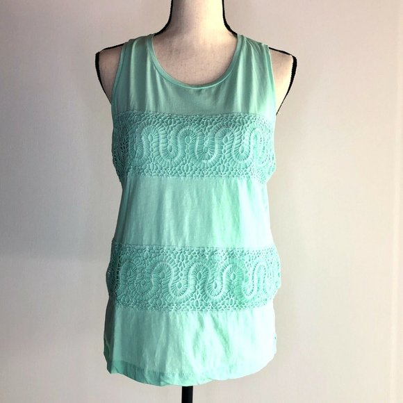 J. Crew Women Lace Panel Cotton Tank Top Sleeveless Round Neck Green Size XXS - Picture 1 of 7